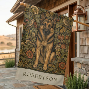 William Morris German Shepherd Vintage Floral Name House Flag
