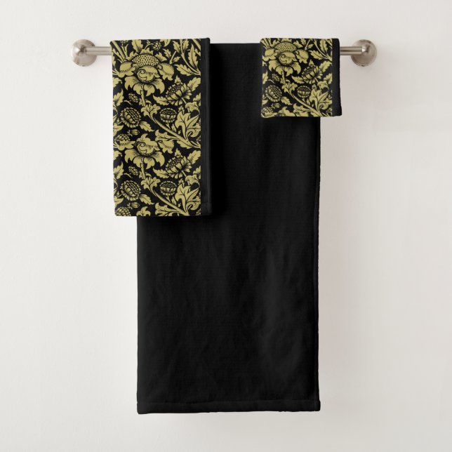 William Morris Gold and Black Floral  Bath Towel Set (Insitu)