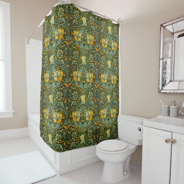William Morris Gold Honeysuckle Floral Wallpaper Shower Curtain (In Situ)