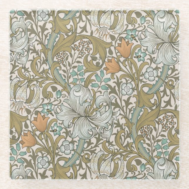 William Morris Golden Lily Blue Gold Classic Glass Coaster (Front)