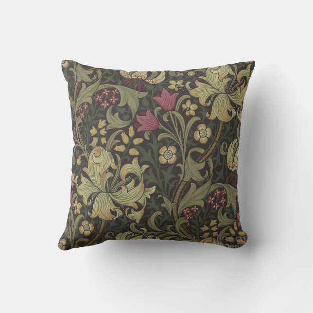 william-morris-golden-lily-charcoal-black-gold throw pillow (Back)