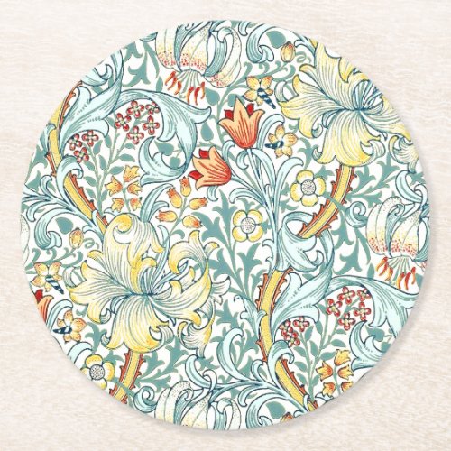 William Morris Golden Lily Floral Pattern Round Paper Coaster