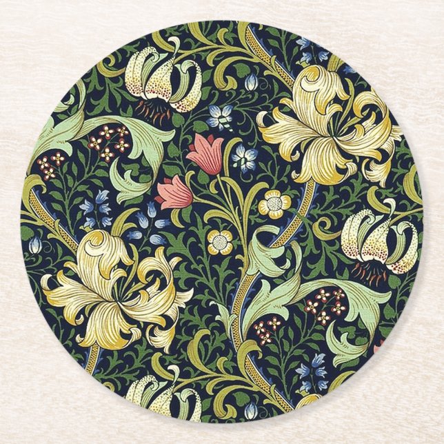 William Morris Golden Lily Floral Pattern Round Paper Coaster (Front)