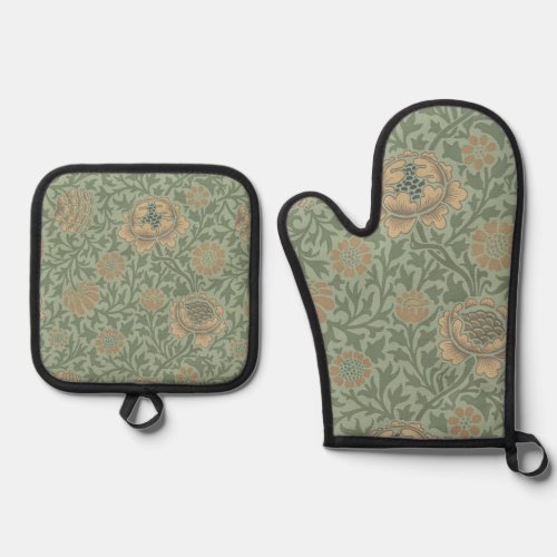 William Morris Grafton Floral Pattern Sage Green  Oven Mitt &amp; Pot Holder Set