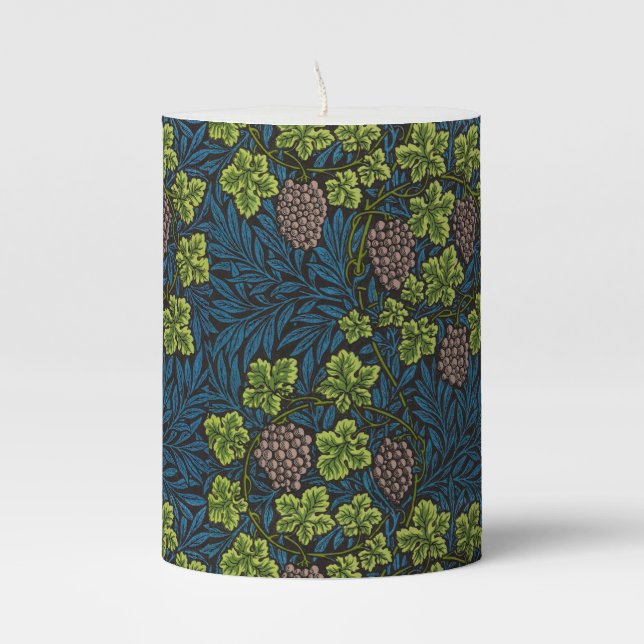 William Morris Grape & Vine Red Green Blue Pillar Candle (Front)
