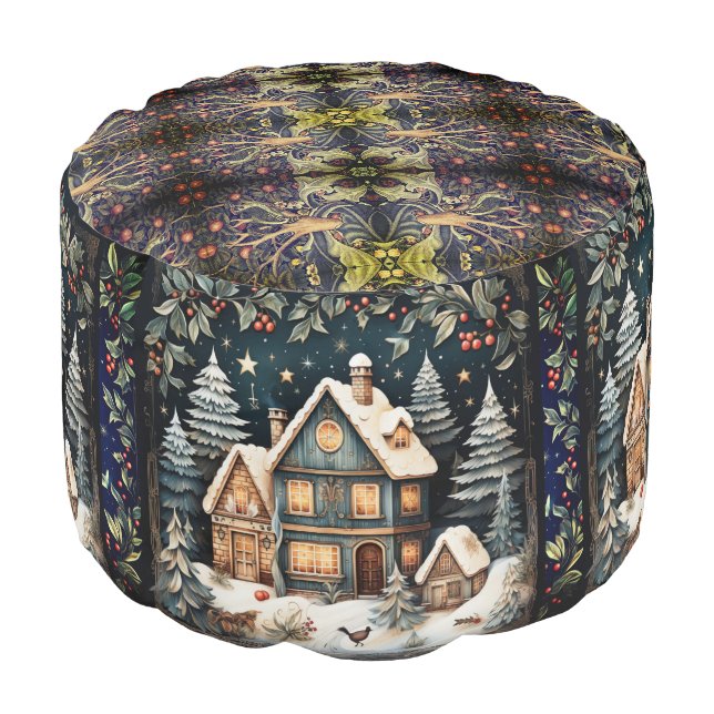 William * Morris  Gray Gold Christmas Village | Pouf (Angled Front)