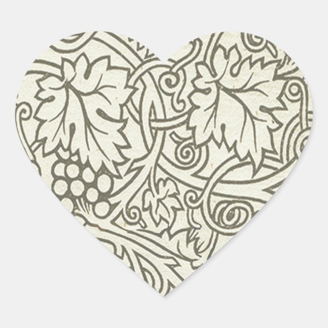 William Morris gray green Grape Vine Pattern Heart Sticker (Front)
