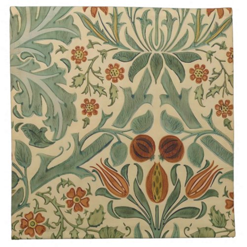 William Morris Green Cream and Rust Floral Pattern Cloth Napkin