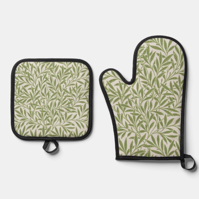 William Morris Green Floral Botanical Pattern Oven Mitt & Pot Holder Set (Front)