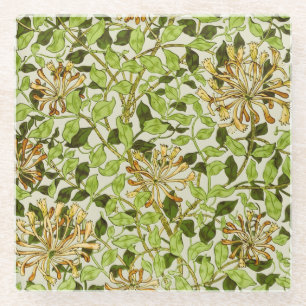 William Morris Green Honeysuckle Floral Wallpaper Glass Coaster