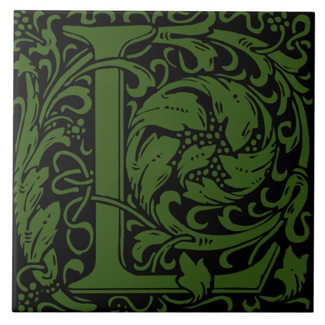 William Morris Green Monogrammed Letter L Ceramic Tile (Front)