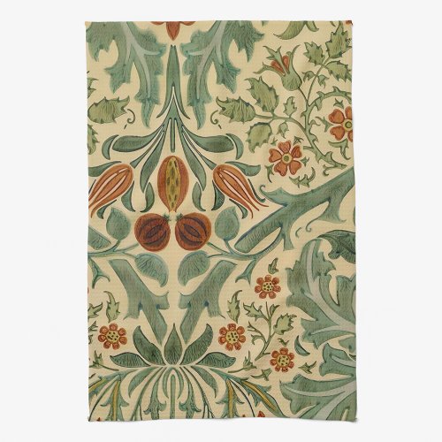William Morris Green Rust and Cream Floral Pattern Kitchen Towel