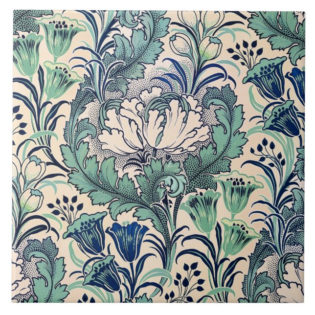 William Morris Green Teal Cream Floral Pattern  Ceramic Tile (Front)