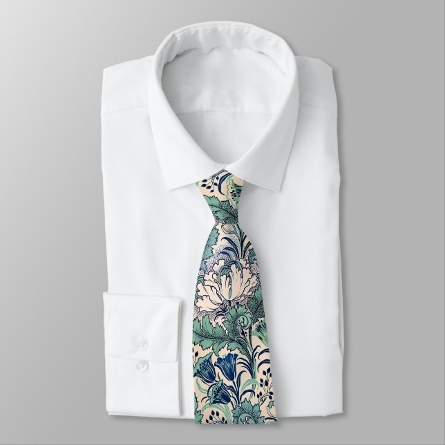 William Morris Green Teal Cream Floral Pattern  Neck Tie (Tied)