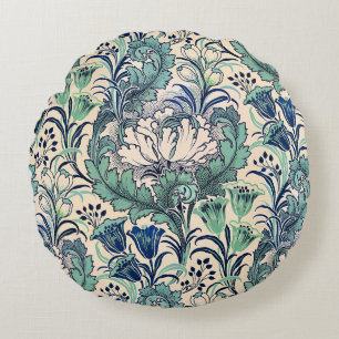 William Morris Green Teal Cream Floral Pattern  Round Pillow