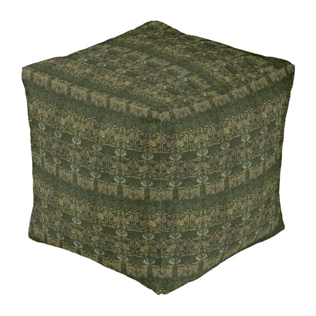 William Morris: Green Tulip & Rose Cube Pouf (Angled Back)