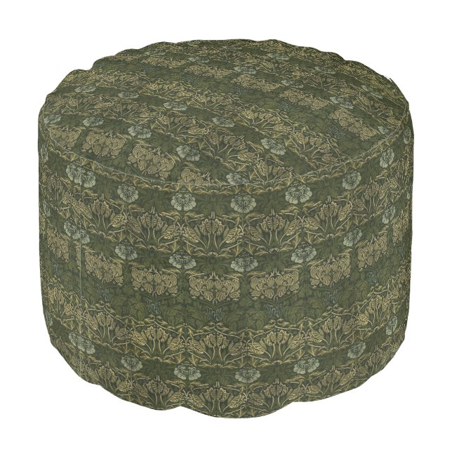 William Morris: Green Tulip & Rose Round Pouf (Angled Back)
