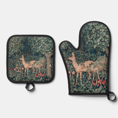 William Morris Greenery Fox Wildlife  Oven Mitt  Pot Holder Set