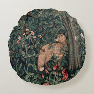 William Morris Greenery Fox Wildlife Round Pillow
