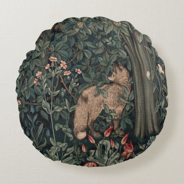 William Morris Greenery Fox Wildlife  Round Pillow (Front)