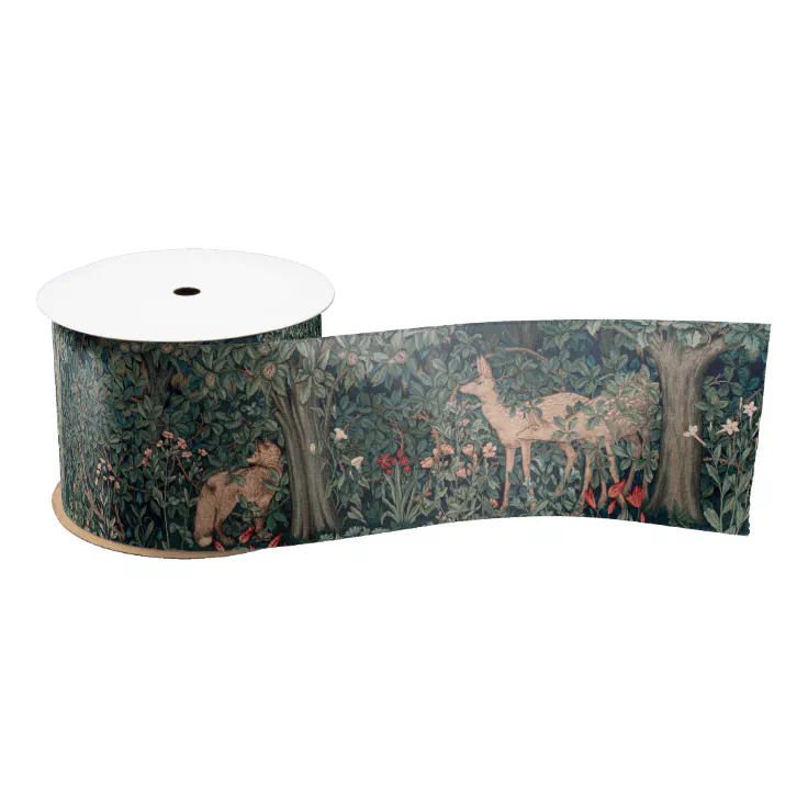 William Morris Greenery Fox Wildlife Satin Ribbon | Zazzle