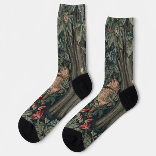 William Morris Greenery Fox Wildlife  Socks