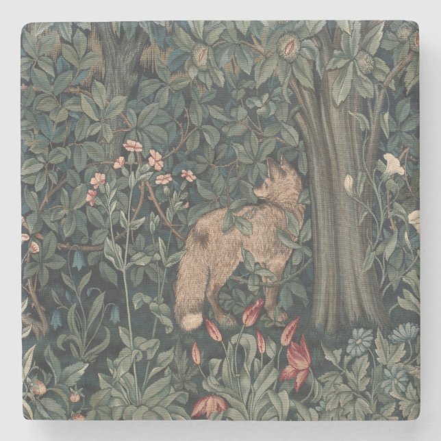 William Morris Greenery Fox Wildlife  Stone Coaster (Front)