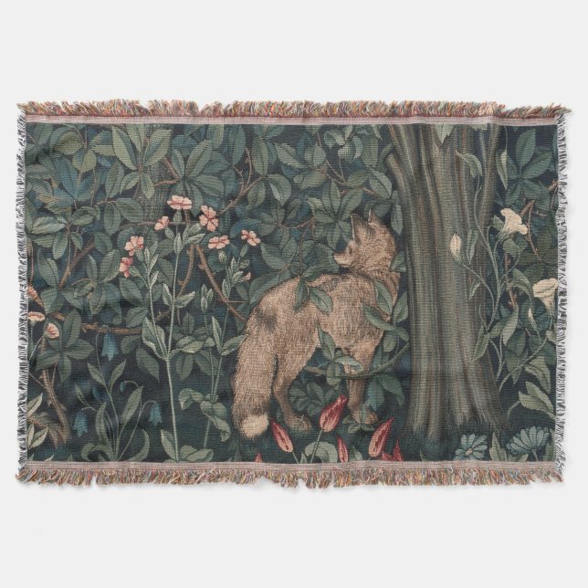 William Morris Greenery Fox Wildlife  Throw Blanket (Front)