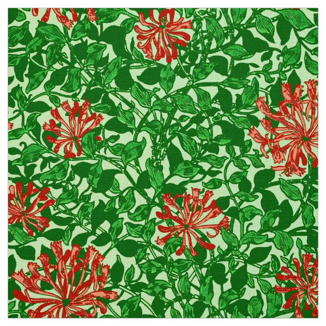 William Morris Honeysuckle, Coral Red and Green Fabric (Swatch)
