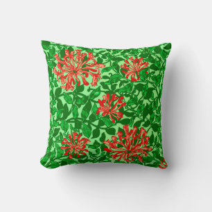 William Morris Honeysuckle, Coral Red and Green Throw Pillow