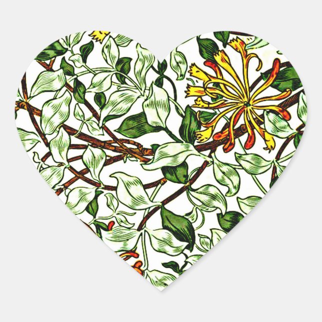 William Morris - Honeysuckle, green and yellow Heart Sticker (Front)