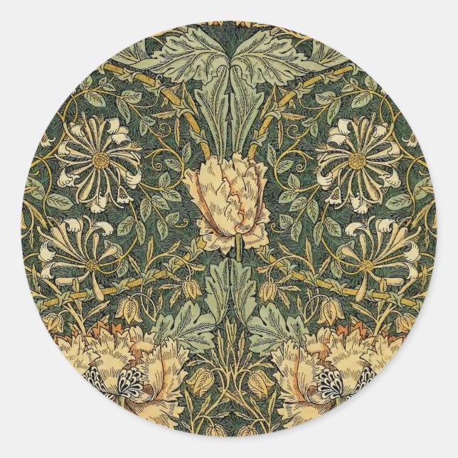 William Morris Honeysuckle Green Floral Classic Round Sticker (Front)