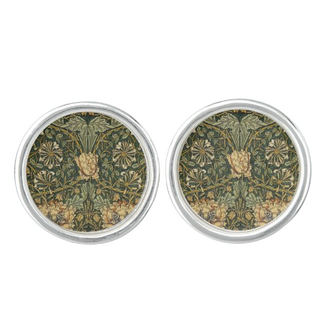 William Morris Honeysuckle Green Floral Cufflinks (Front)