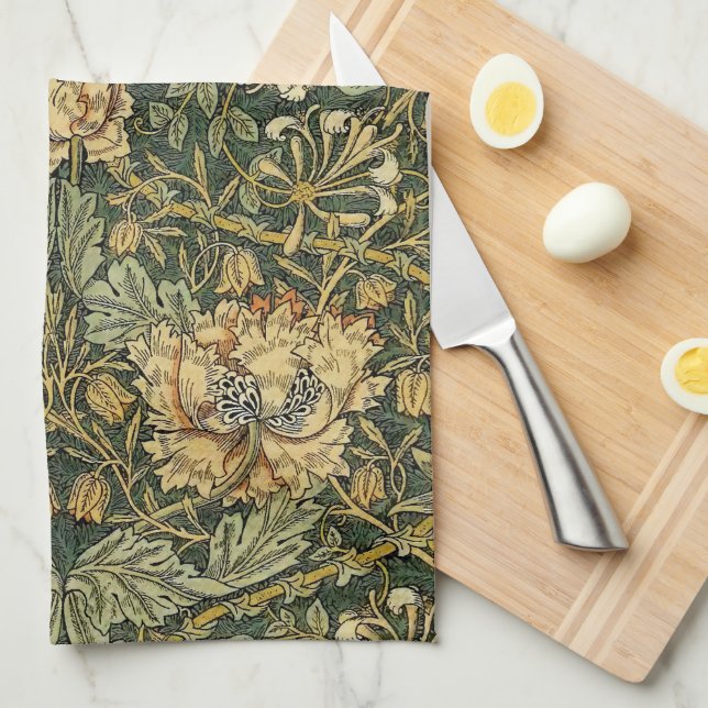William Morris Honeysuckle Green Floral Kitchen Towel (Quarter Fold)