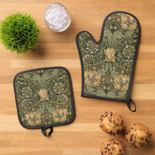 William Morris Honeysuckle Green Floral Oven Mitt & Pot Holder Set
