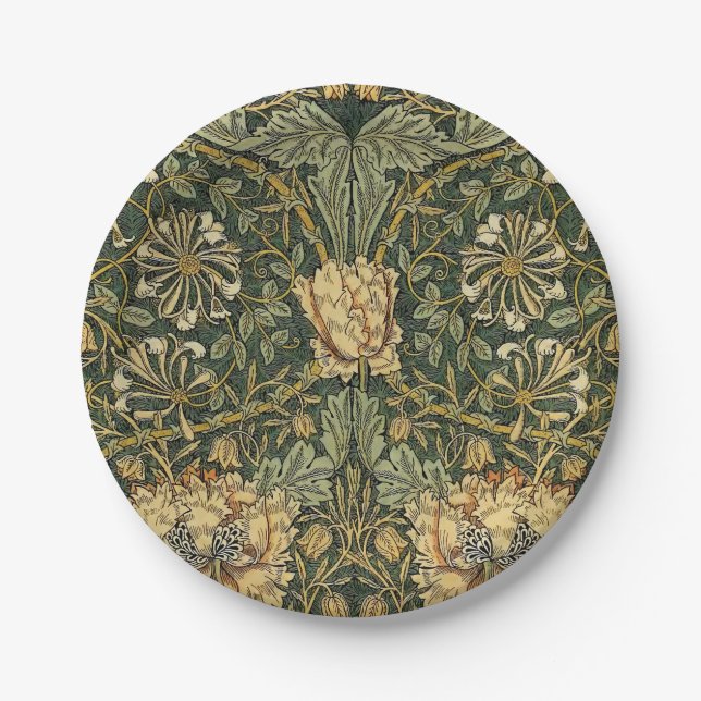 William Morris Honeysuckle Green Floral Paper Plates (Front)