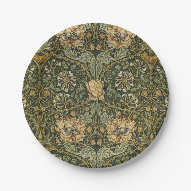 William Morris Honeysuckle Green Floral Paper Plates (Front)