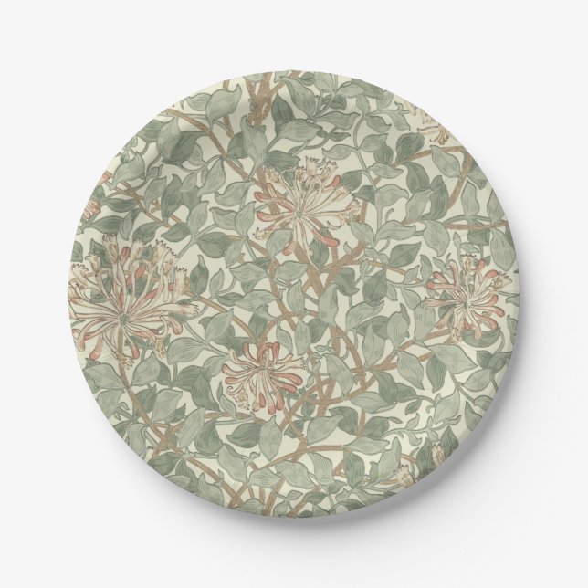 William Morris Honeysuckle Green Floral Paper Plates (Front)