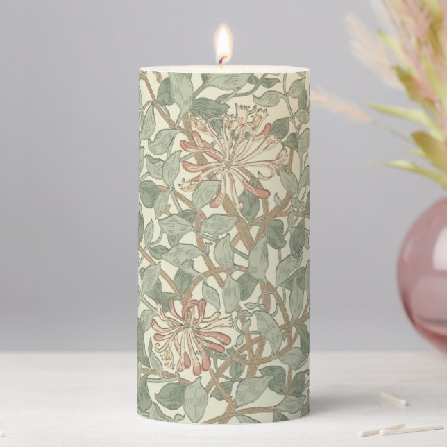 William Morris Honeysuckle Green Floral Pillar Candle (In Situ)