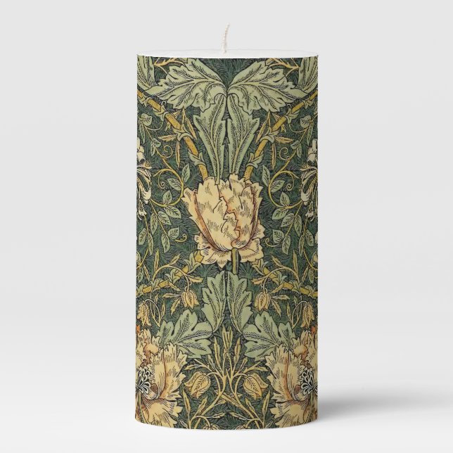 William Morris Honeysuckle Green Floral Pillar Candle (Front)