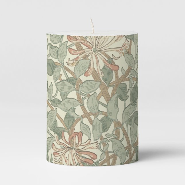 William Morris Honeysuckle Green Floral Pillar Candle (Front)