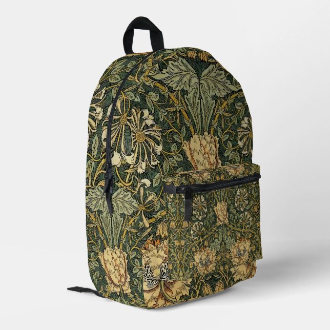 William Morris Honeysuckle Green Floral Printed Backpack (Back Corner Left)