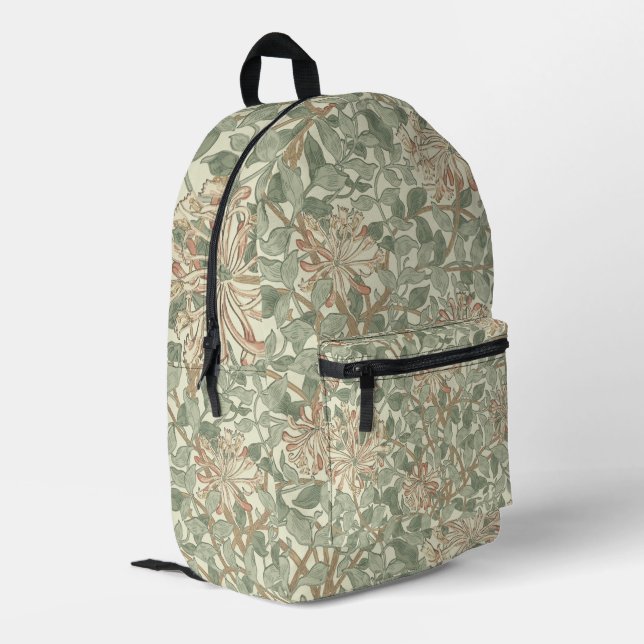 William Morris Honeysuckle Green Floral Printed Backpack (Back Corner Left)