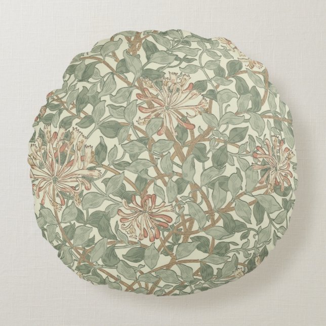 William Morris Honeysuckle Green Floral Round Pillow (Front)