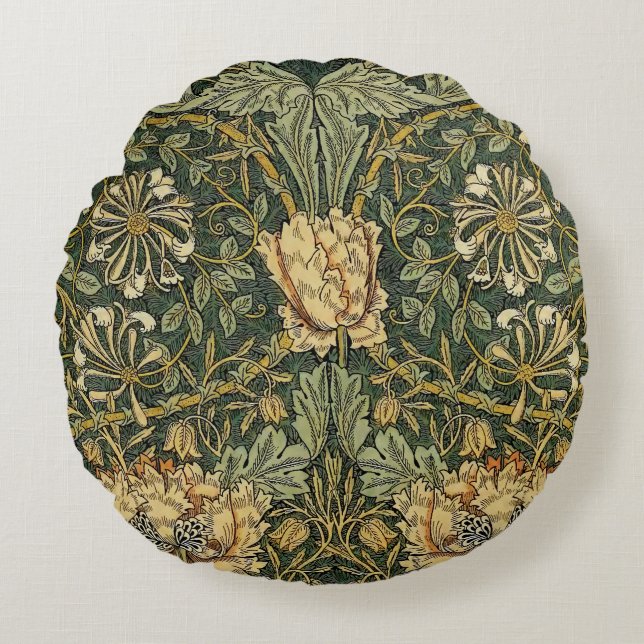 William Morris Honeysuckle Green Floral Round Pillow (Front)