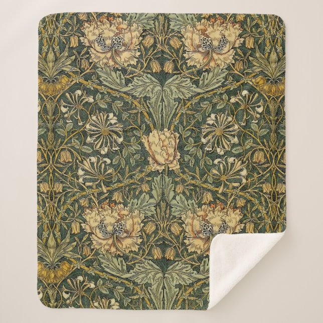 William Morris Honeysuckle Green Floral Sherpa Blanket (Front)