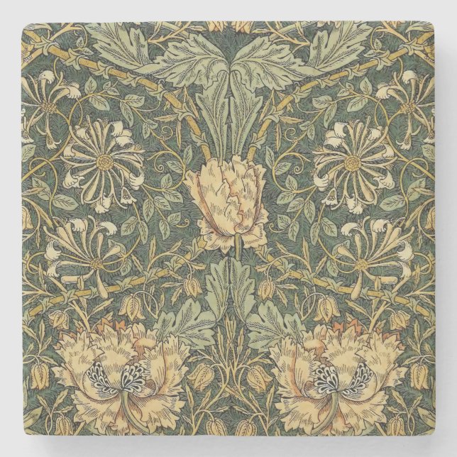 William Morris Honeysuckle Green Floral Stone Coaster (Front)