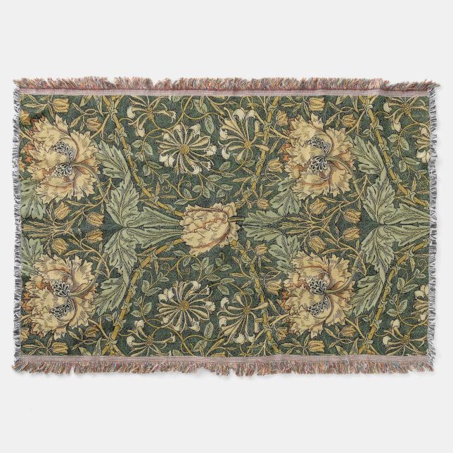 William Morris Honeysuckle Green Floral Throw Blanket (Front)