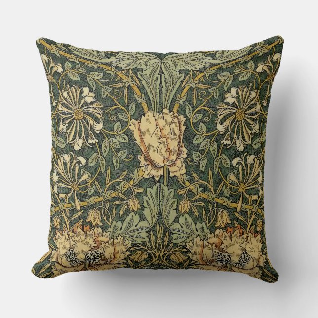 William Morris Honeysuckle Green Floral Throw Pillow (Front)