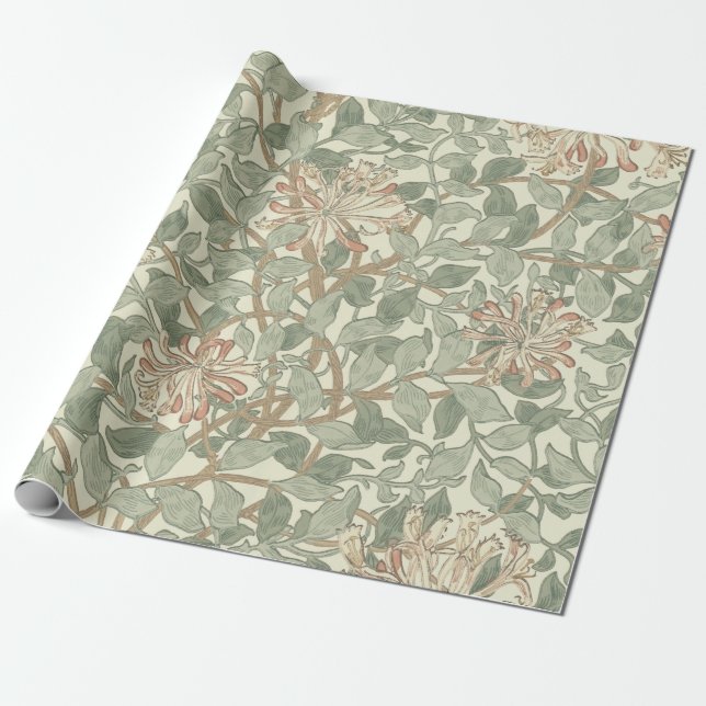 William Morris Honeysuckle Green Floral Wrapping Paper (Unrolled)